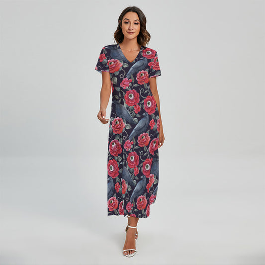 Eyeball Rose Pattern Print Short Sleeve Maxi Dress