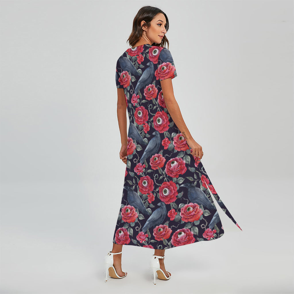 Eyeball Rose Pattern Print Short Sleeve Maxi Dress