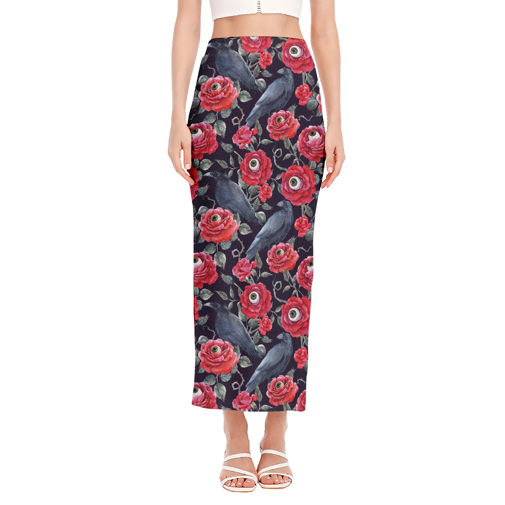 Eyeball Rose Pattern Print Side Slit Maxi Skirt