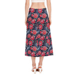 Eyeball Rose Pattern Print Side Slit Midi Skirt