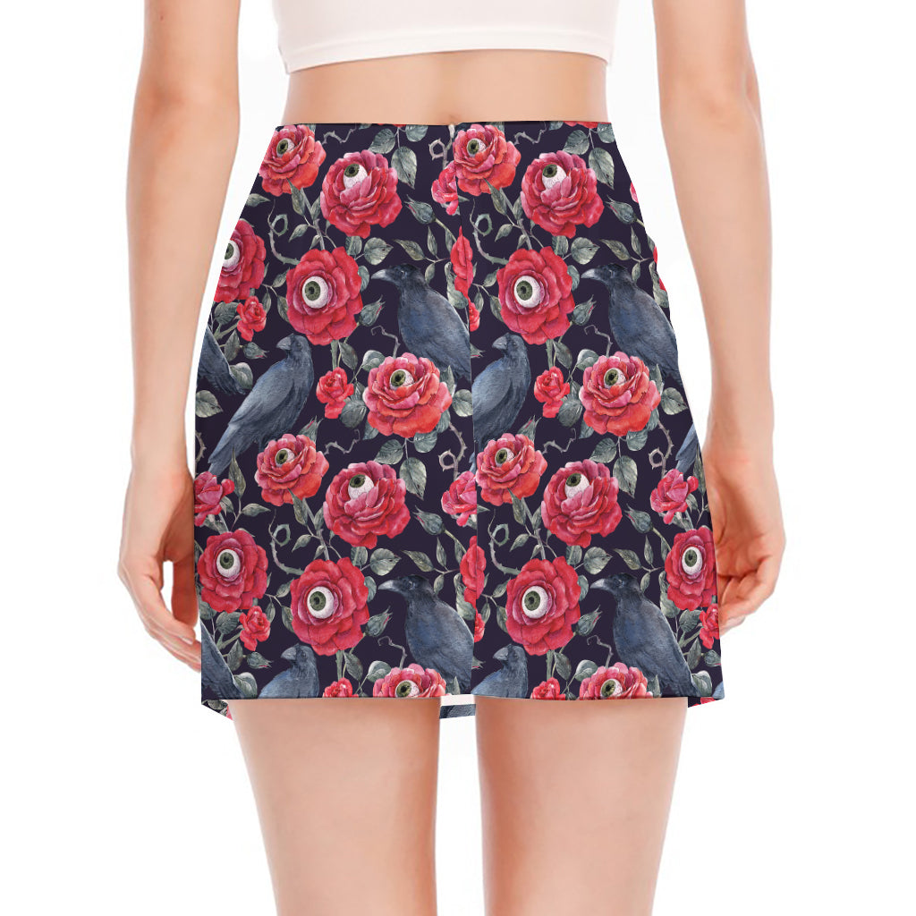 Eyeball Rose Pattern Print Side Slit Mini Skirt