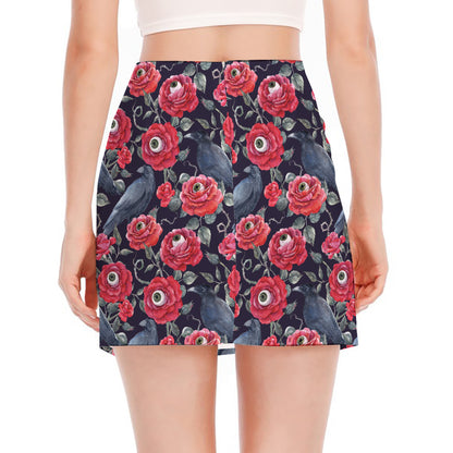 Eyeball Rose Pattern Print Side Slit Mini Skirt