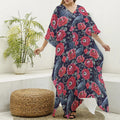 Eyeball Rose Pattern Print Silk V-Neck Kaftan Dress
