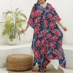 Eyeball Rose Pattern Print Silk V-Neck Kaftan Dress