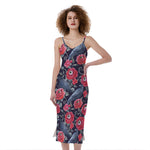 Eyeball Rose Pattern Print Slim Fit Midi Cami Dress