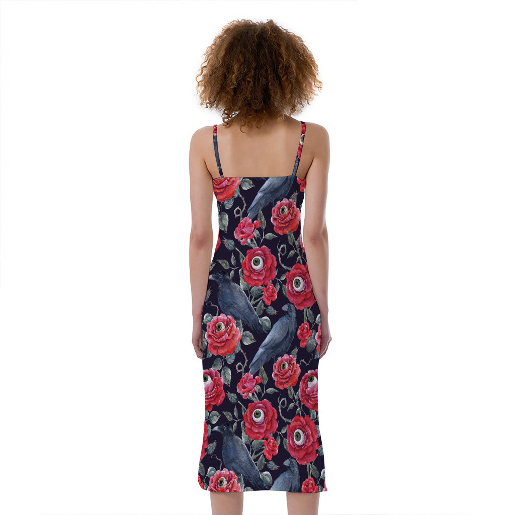 Eyeball Rose Pattern Print Slim Fit Midi Cami Dress