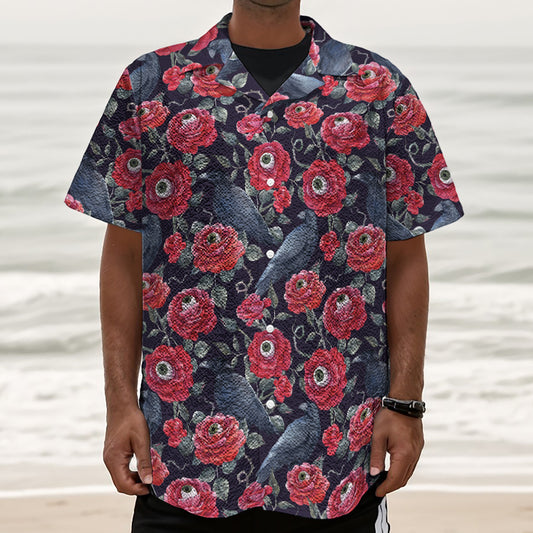 Eyeball Rose Pattern Print Textured Short Sleeve Shirt
