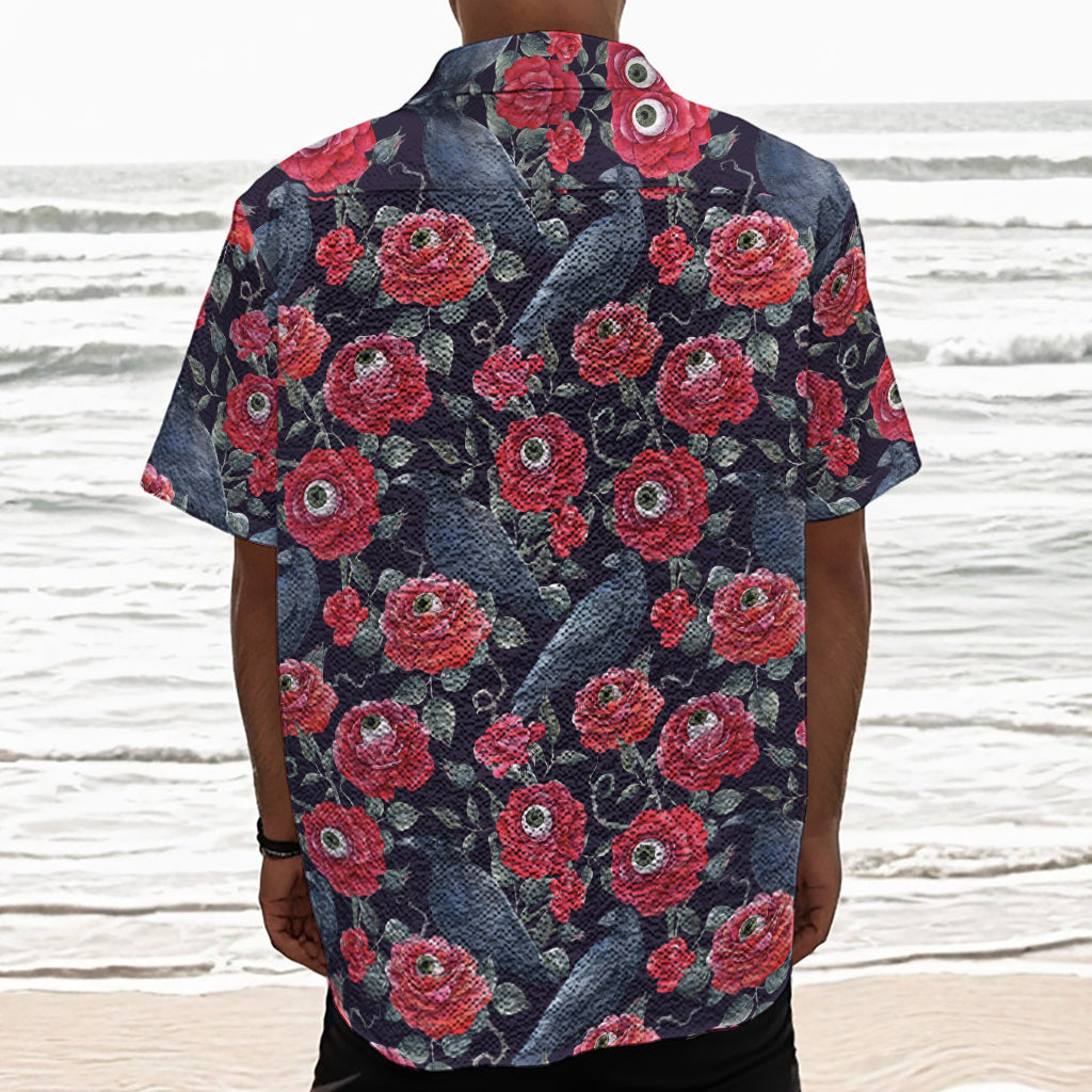 Eyeball Rose Pattern Print Textured Short Sleeve Shirt