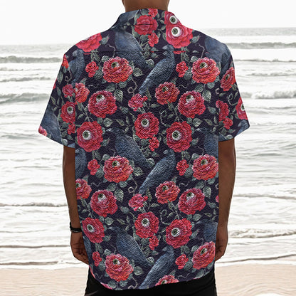 Eyeball Rose Pattern Print Textured Short Sleeve Shirt