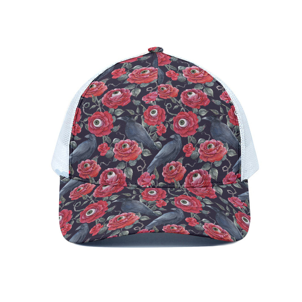 Eyeball Rose Pattern Print White Mesh Trucker Cap