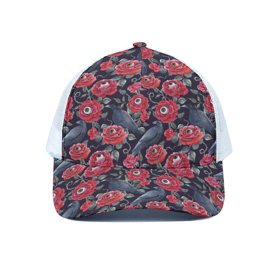 Eyeball Rose Pattern Print White Mesh Trucker Cap