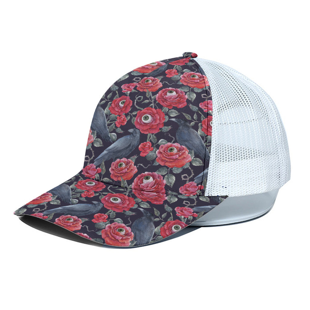 Eyeball Rose Pattern Print White Mesh Trucker Cap