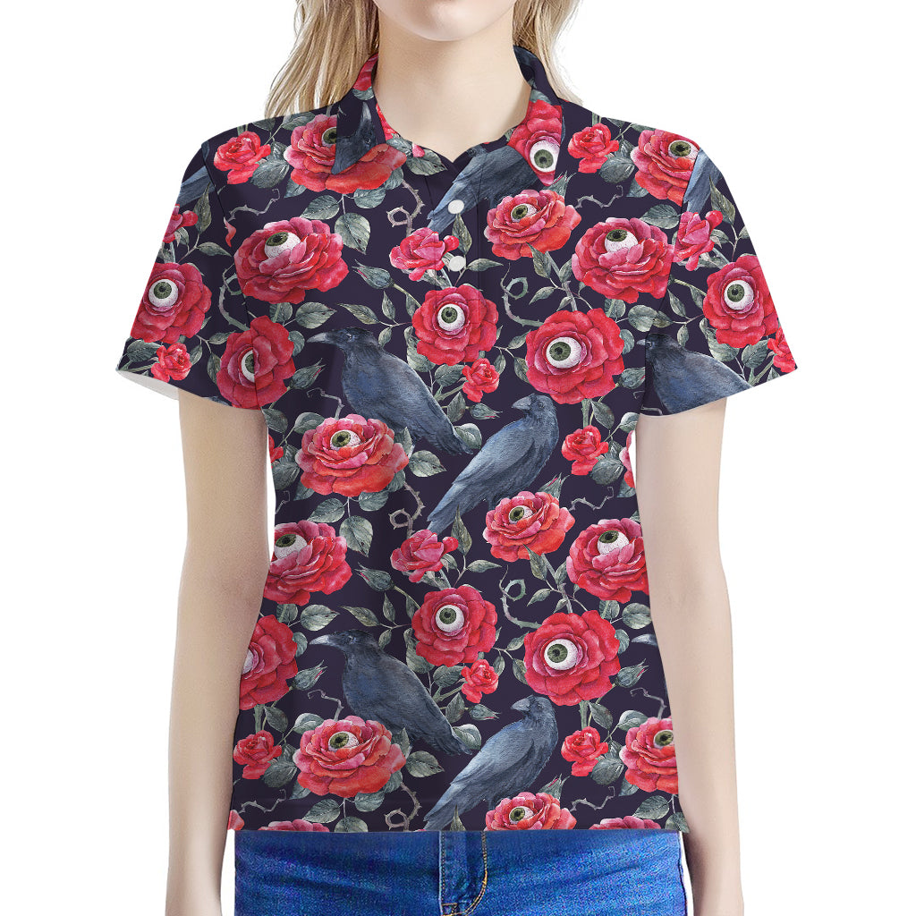 Eyeball Rose Pattern Print Women's Polo Shirt