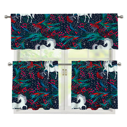 Fairy Floral Unicorn Pattern Print 3 Piece Kitchen Curtains