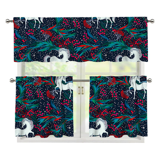 Fairy Floral Unicorn Pattern Print 3 Piece Kitchen Curtains