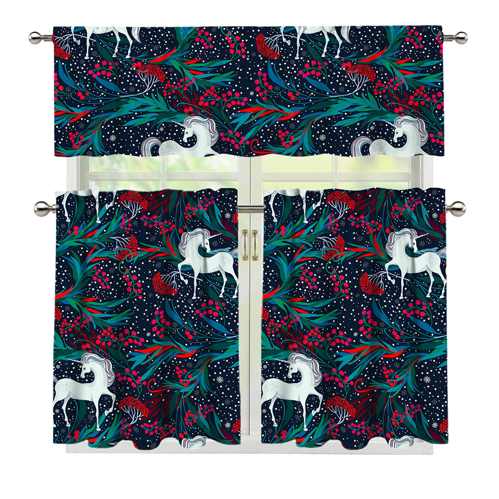 Fairy Floral Unicorn Pattern Print 3 Piece Kitchen Curtains