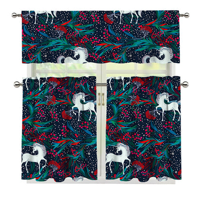 Fairy Floral Unicorn Pattern Print 3 Piece Kitchen Curtains