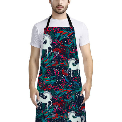 Fairy Floral Unicorn Pattern Print Bib Apron With Pocket