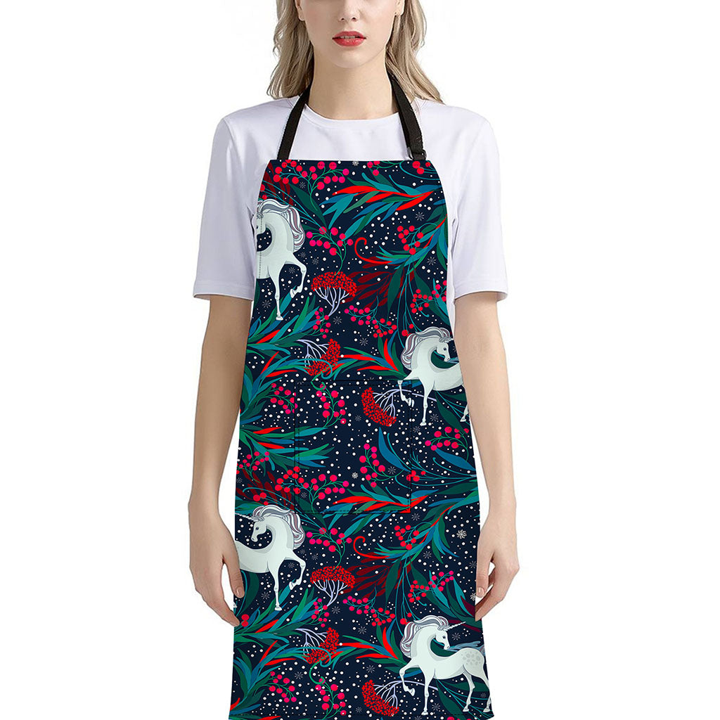 Fairy Floral Unicorn Pattern Print Bib Apron With Pocket