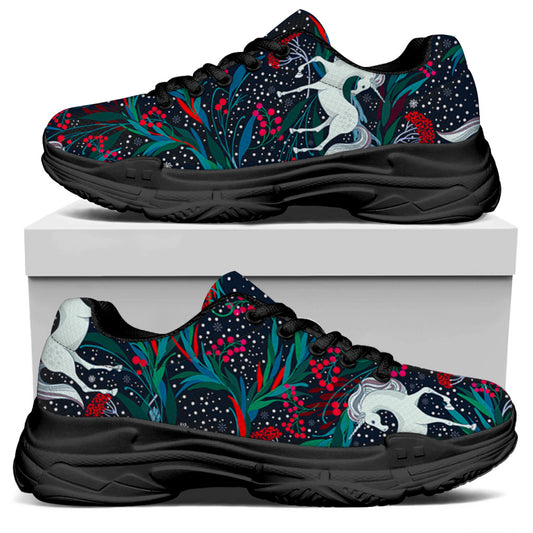 Fairy Floral Unicorn Pattern Print Black Chunky Shoes