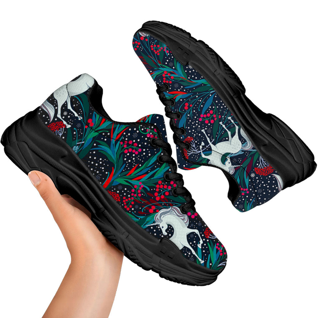 Fairy Floral Unicorn Pattern Print Black Chunky Shoes