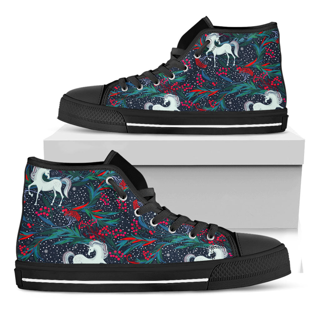 Fairy Floral Unicorn Pattern Print Black High Top Sneakers