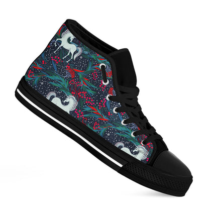 Fairy Floral Unicorn Pattern Print Black High Top Sneakers