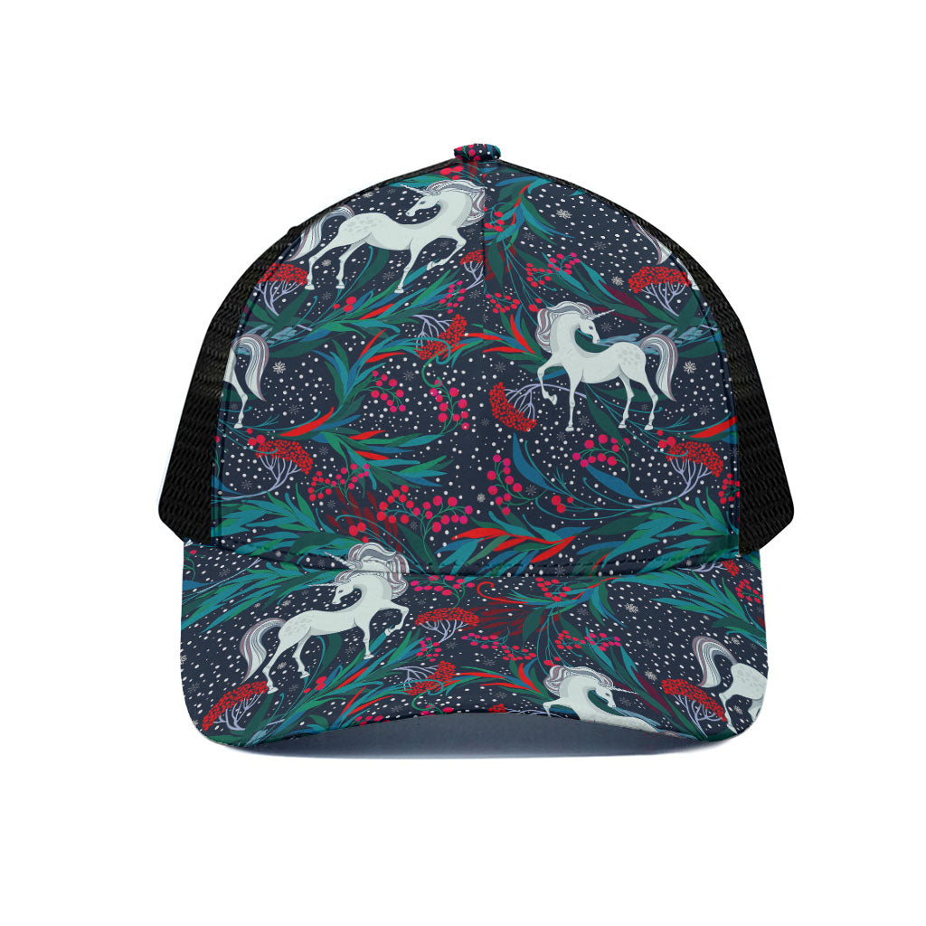 Fairy Floral Unicorn Pattern Print Black Mesh Trucker Cap