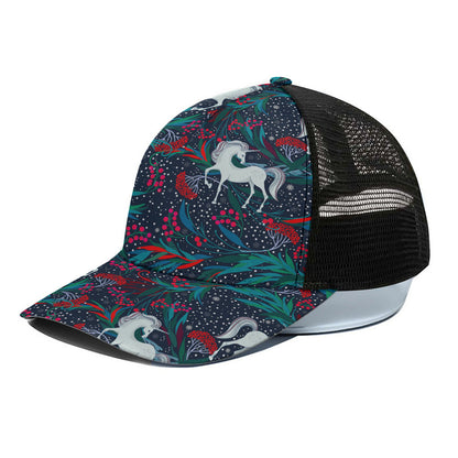 Fairy Floral Unicorn Pattern Print Black Mesh Trucker Cap