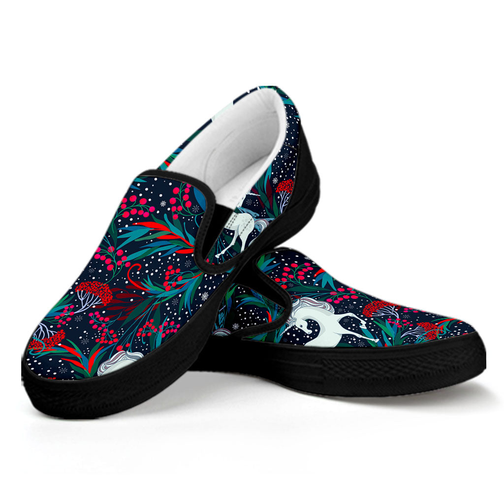 Fairy Floral Unicorn Pattern Print Black Slip On Sneakers