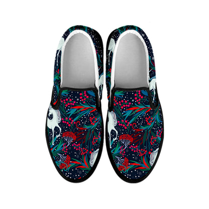 Fairy Floral Unicorn Pattern Print Black Slip On Sneakers