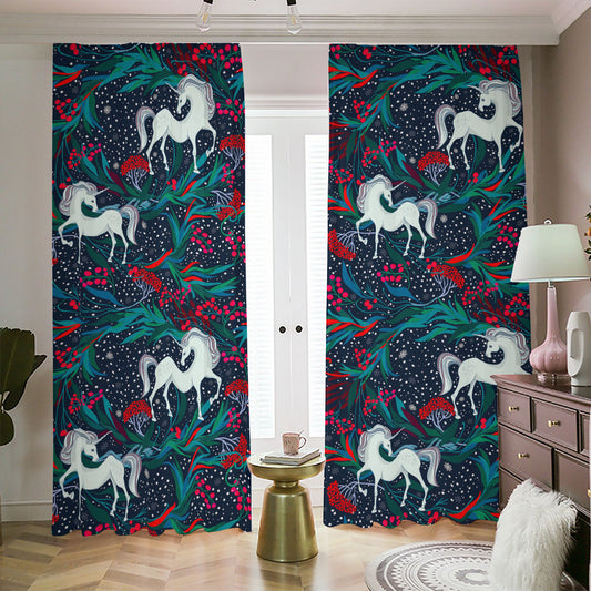 Fairy Floral Unicorn Pattern Print Blackout Pencil Pleat Curtains