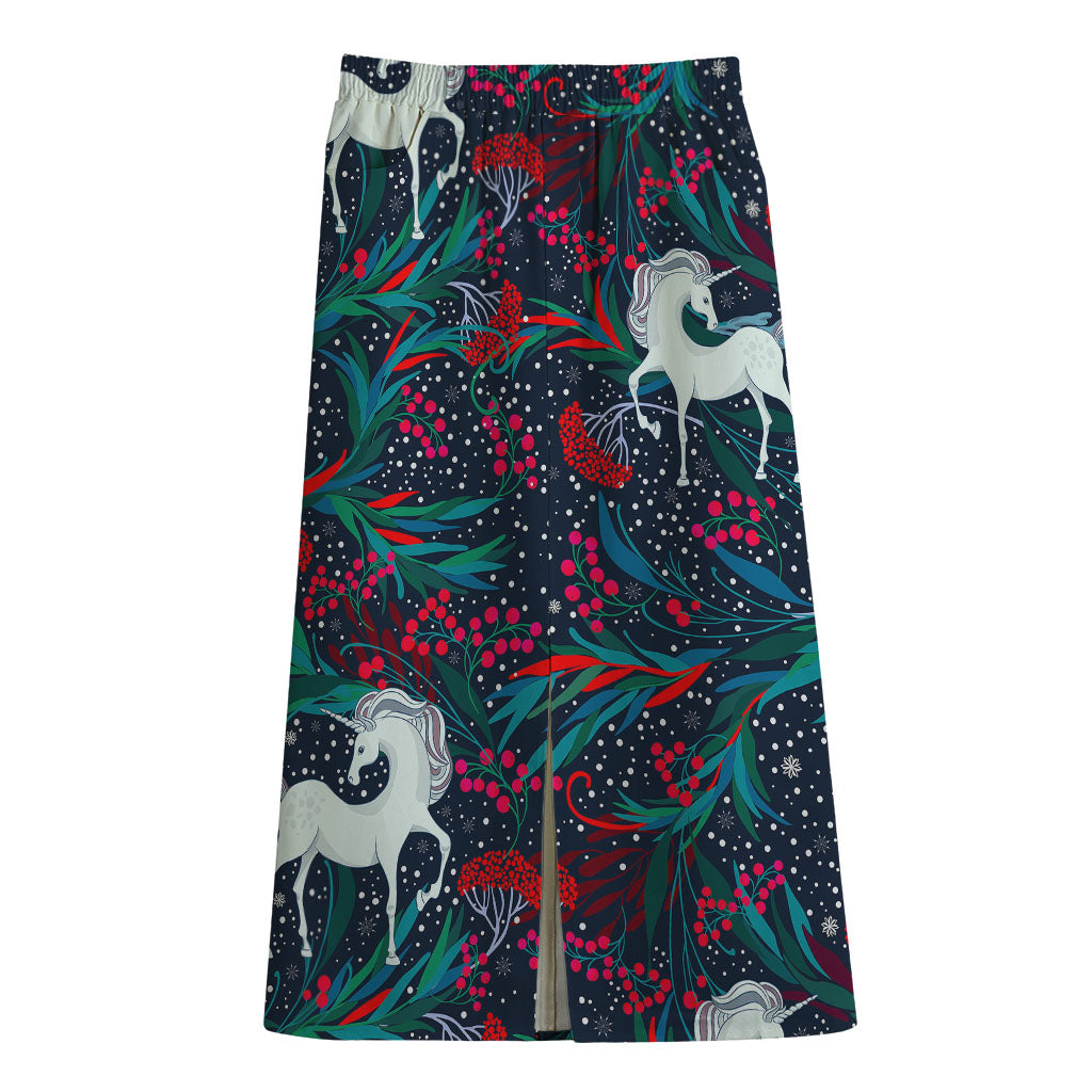 Fairy Floral Unicorn Pattern Print Cotton Front Slit Maxi Skirt