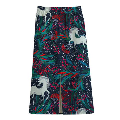 Fairy Floral Unicorn Pattern Print Cotton Front Slit Maxi Skirt