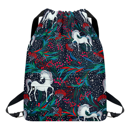 Fairy Floral Unicorn Pattern Print Drawstring Backpack