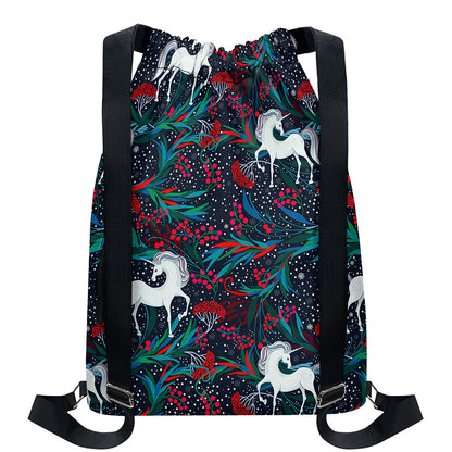 Fairy Floral Unicorn Pattern Print Drawstring Backpack