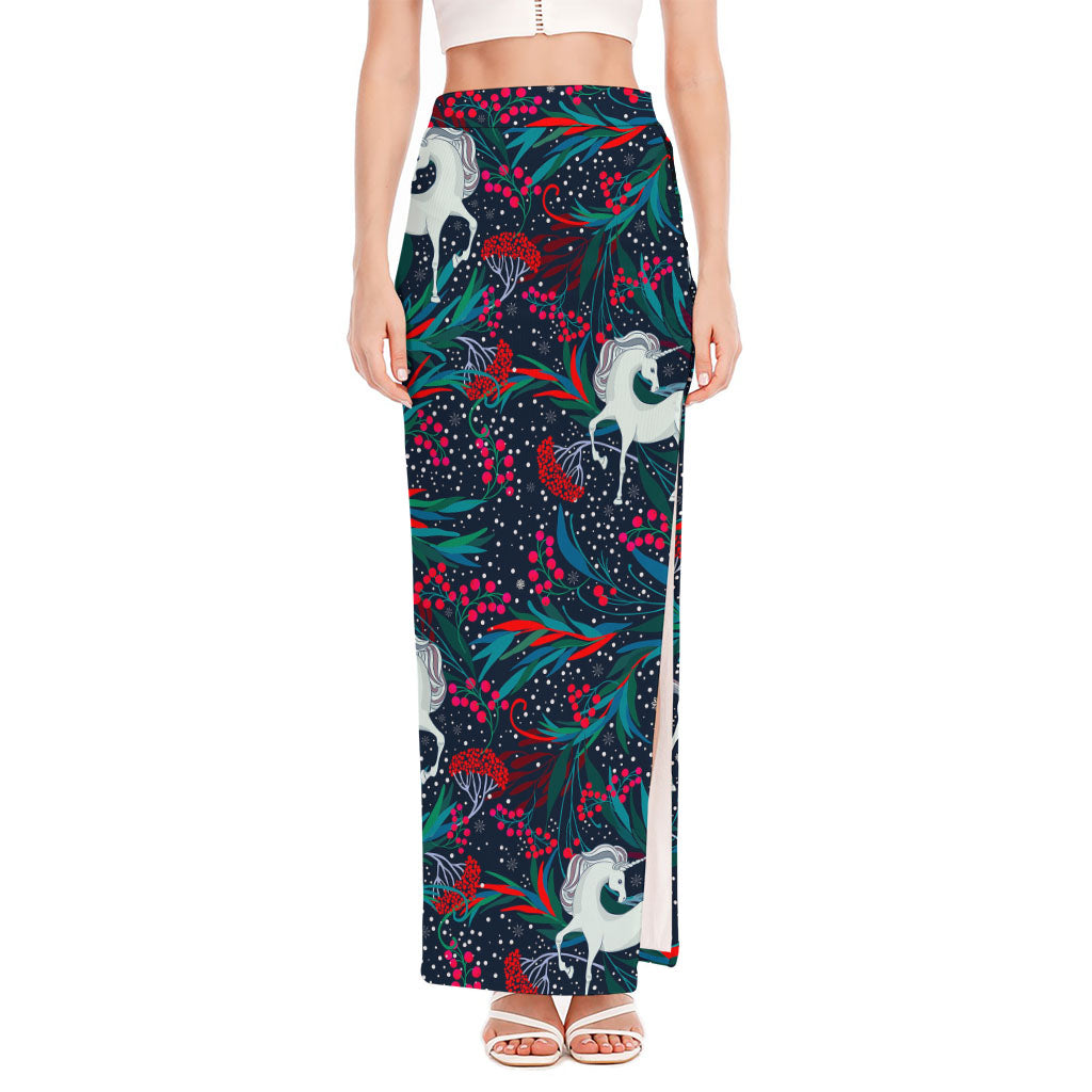 Fairy Floral Unicorn Pattern Print High Slit Maxi Skirt