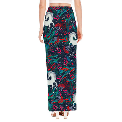 Fairy Floral Unicorn Pattern Print High Slit Maxi Skirt