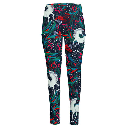 Fairy Floral Unicorn Pattern Print High-Waisted Pocket Leggings