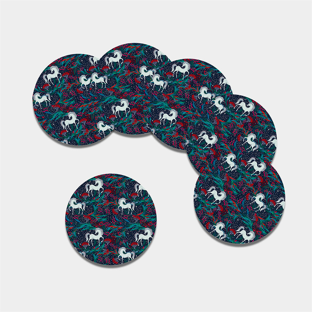 Fairy Floral Unicorn Pattern Print Leather Coaster Set