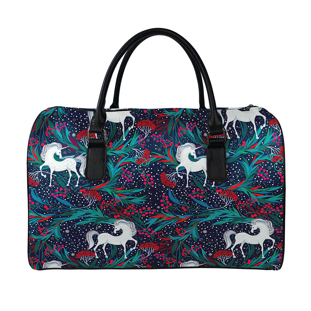 Fairy Floral Unicorn Pattern Print Leather Duffle Bag