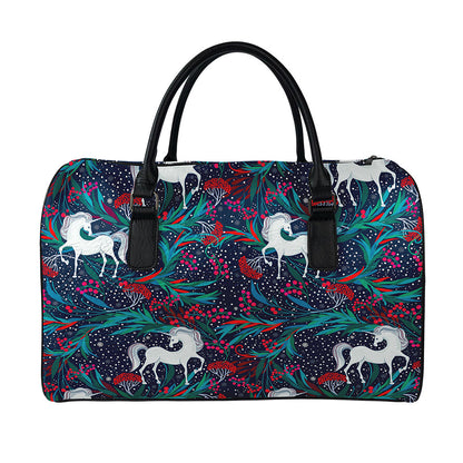 Fairy Floral Unicorn Pattern Print Leather Duffle Bag