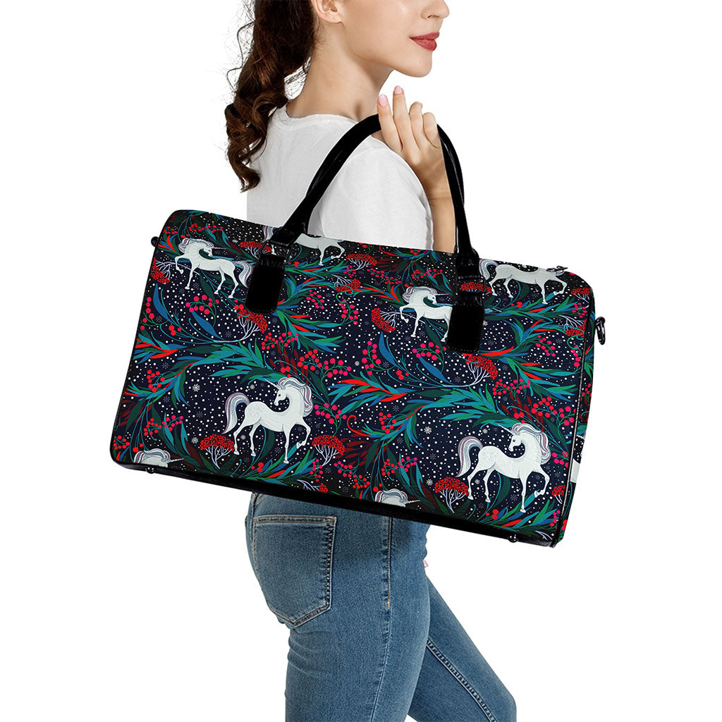 Fairy Floral Unicorn Pattern Print Leather Duffle Bag