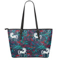 Fairy Floral Unicorn Pattern Print Leather Tote Bag With Zipper