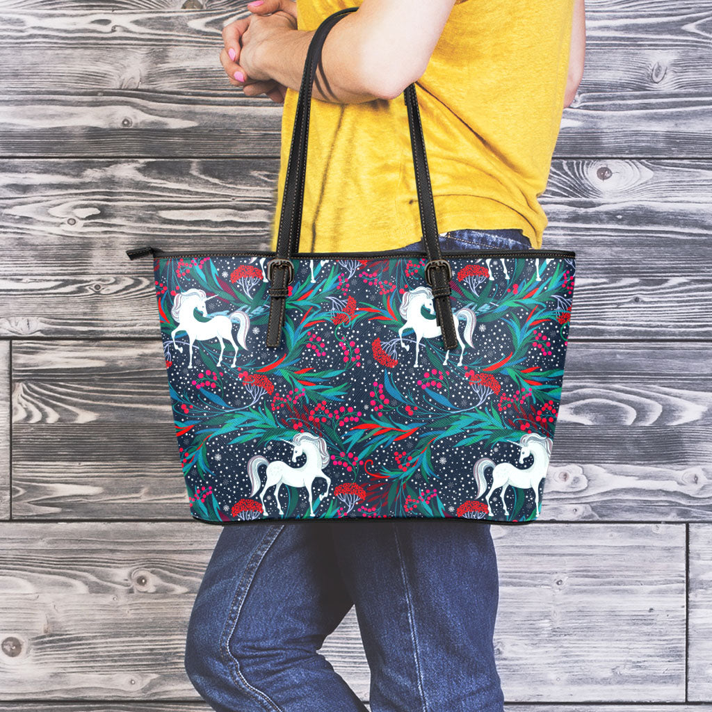 Fairy Floral Unicorn Pattern Print Leather Tote Bag