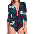 Fairy Floral Unicorn Pattern Print Long Sleeve Swimsuit