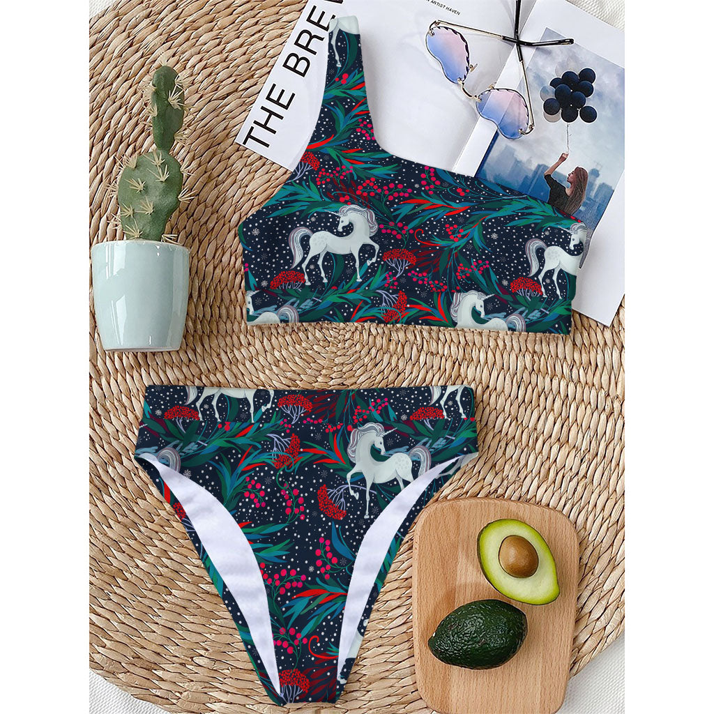 Fairy Floral Unicorn Pattern Print One Shoulder Bikini Top