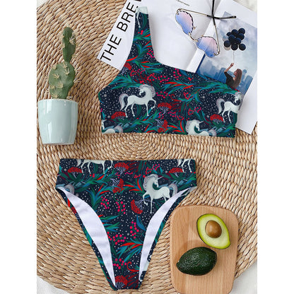 Fairy Floral Unicorn Pattern Print One Shoulder Bikini Top