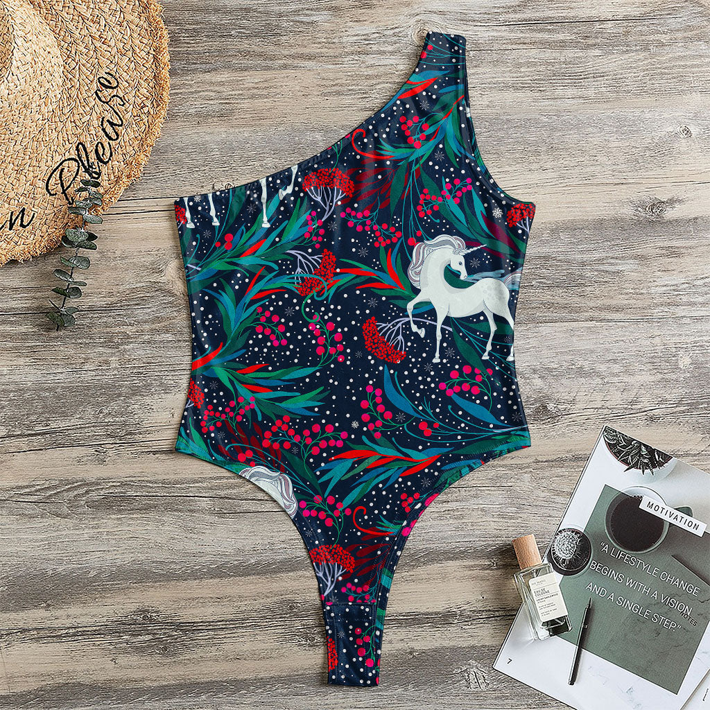Fairy Floral Unicorn Pattern Print One Shoulder Bodysuit