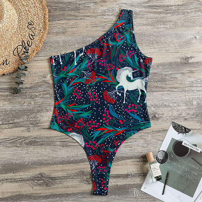 Fairy Floral Unicorn Pattern Print One Shoulder Bodysuit